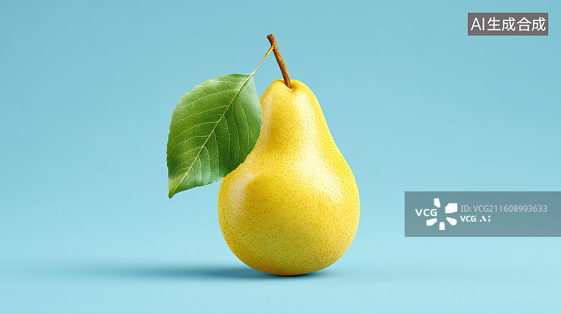 【AI数字艺术】浅蓝背景下的黄色带叶梨子装饰摆件图片素材