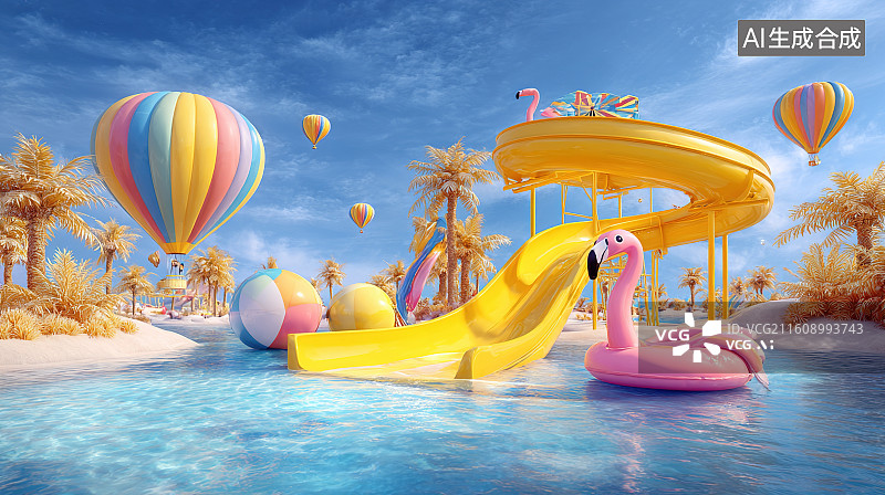 【AI数字艺术】色彩明亮的夏日水上乐园游乐场景图片素材