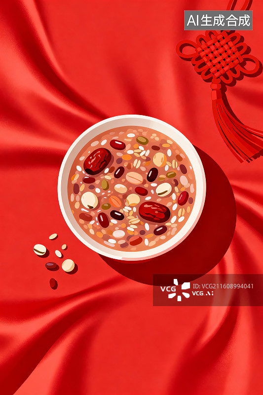 【AI数字艺术】一碗八宝粥置于红色布料上图片素材