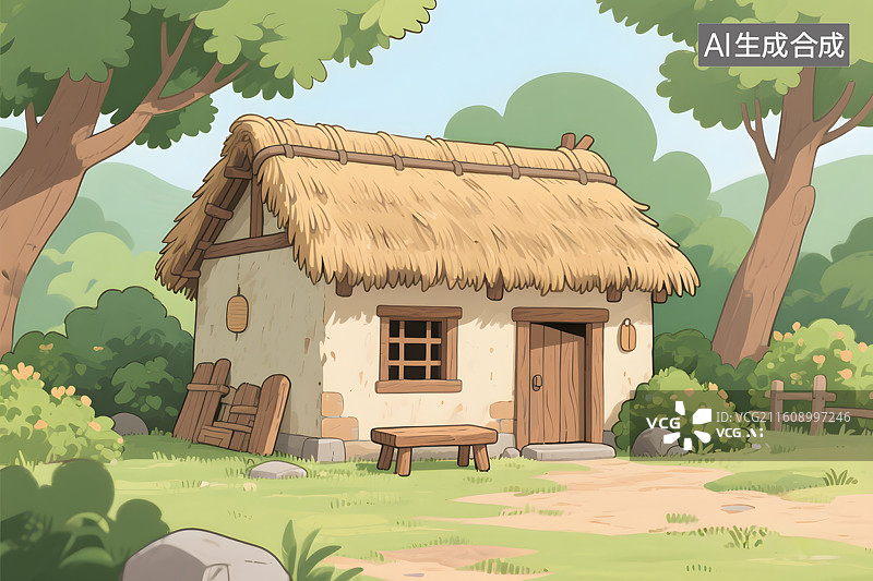 【AI数字艺术】山林间的茅草屋小屋图片素材