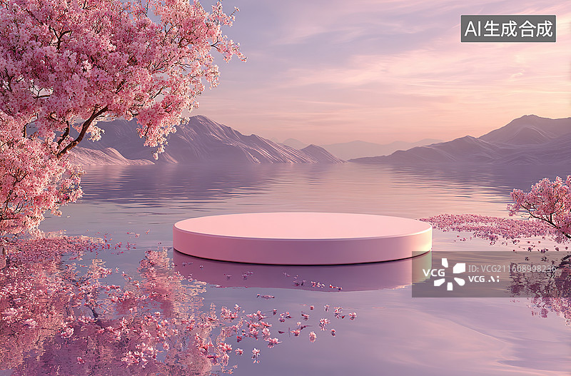 【AI数字艺术】樱花湖畔的粉色浮台图片素材