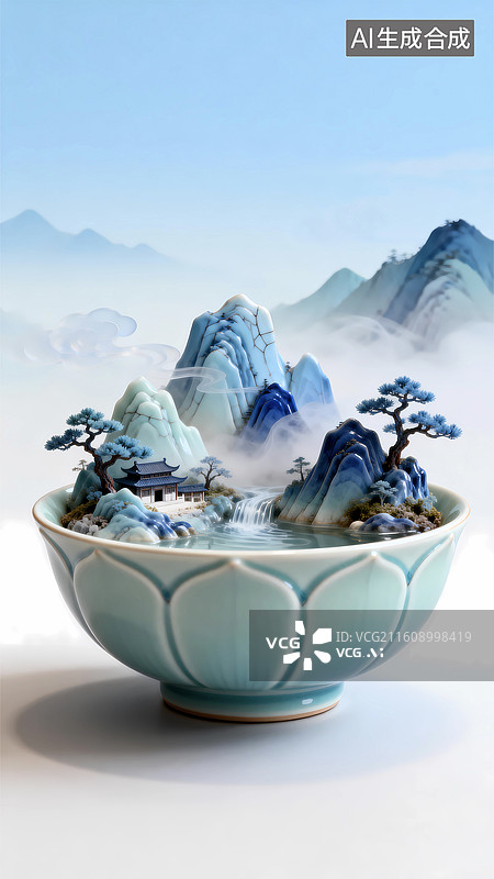 【AI数字艺术】创意青花瓷碗青山绿水松树国风场景图片素材