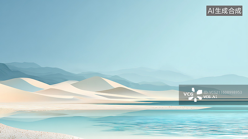 【AI数字艺术】沙漠与湖水交汇的自然景观图片素材