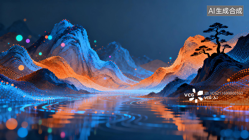 【AI数字艺术】绚丽数字粒子山水插画图片素材
