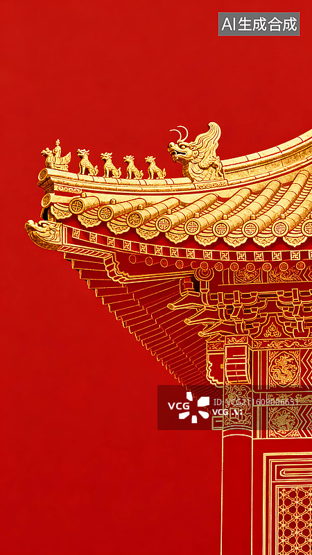 【AI数字艺术】金色线条勾勒出的中式建筑飞檐中国风插画图片素材