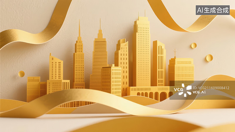 【AI数字艺术】金色纸艺城市剪影与飘带装饰的现代艺术设计图片素材