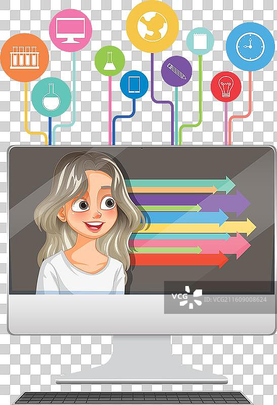 女子在电脑前使用彩色图标图片素材