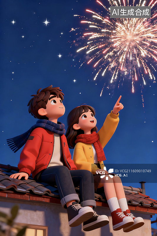 【AI数字艺术】3D立体三维C4D新年春节夜晚看烟火焰火烟花情侣伴侣男孩女孩相伴幸福快乐插画图片素材