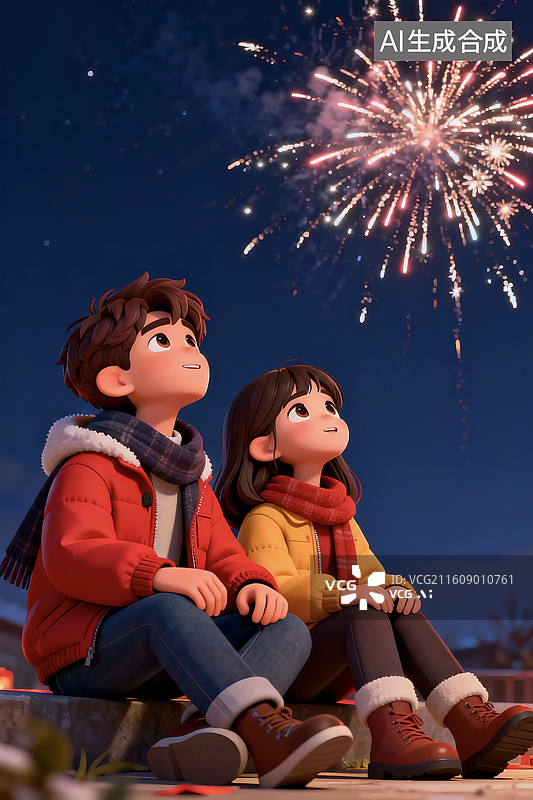 【AI数字艺术】3D立体三维C4D新年春节夜晚看烟火焰火烟花情侣伴侣男孩女孩相伴幸福快乐插画图片素材