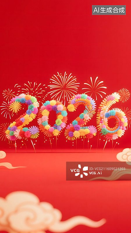 【AI数字艺术】AIGC：烟花组成的2026，红色背景春节除夕喜庆背景壁纸图片素材