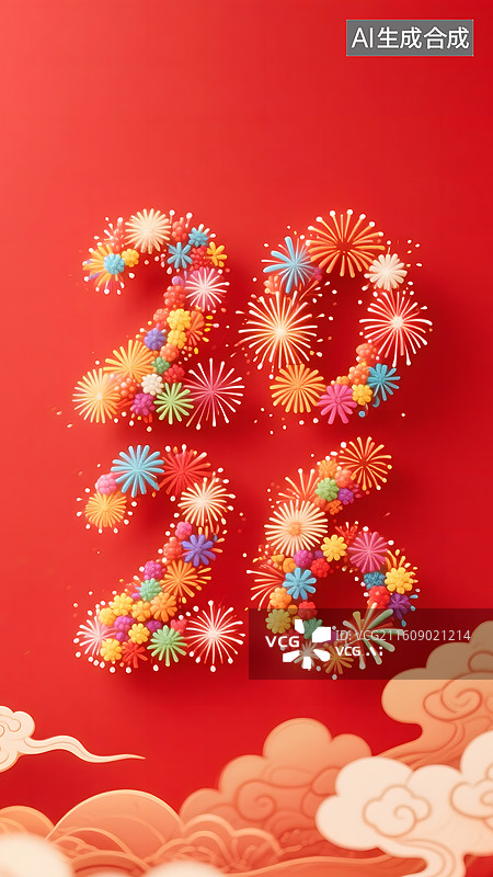 【AI数字艺术】AIGC：烟花组成的2026，红色背景春节除夕喜庆背景壁纸图片素材