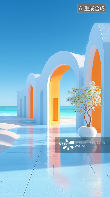 【AI数字艺术】梦幻拱门与海滨景观图片素材