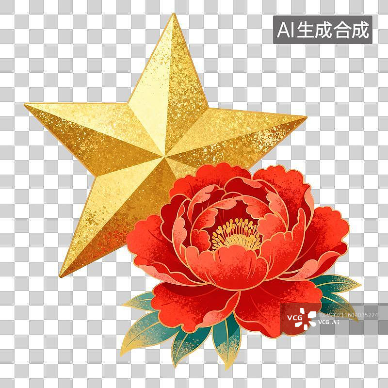 【AI数字艺术】牡丹花五角星节日插画图片素材