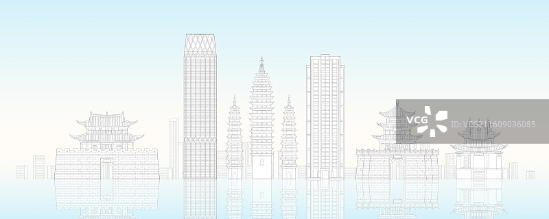 云南大理城市地标建筑插画线稿图片素材