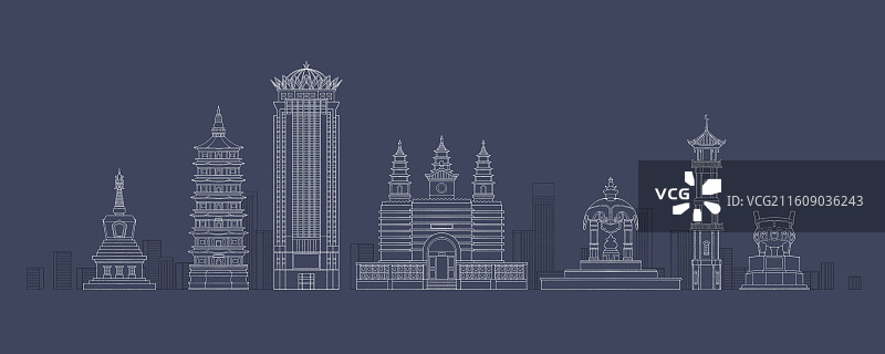 内蒙古呼和浩特城市地标建筑插画线稿图片素材