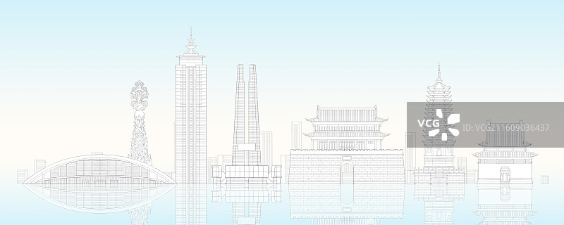 河北唐山城市地标建筑插画线稿图片素材