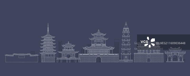 广东揭阳城市地标建筑插画线稿图片素材