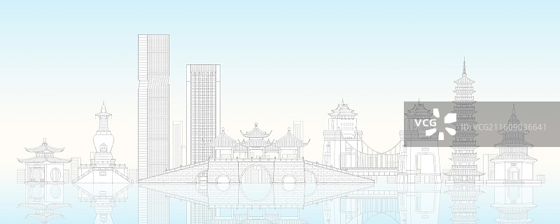 江苏扬州城市地标建筑插画线稿图片素材