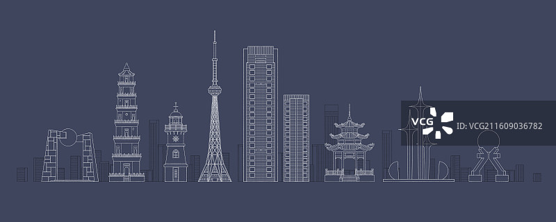 广东汕头城市地标建筑插画线稿图片素材