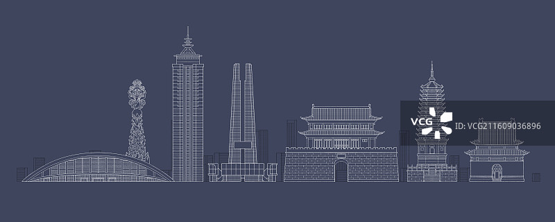 河北唐山城市地标建筑插画线稿图片素材