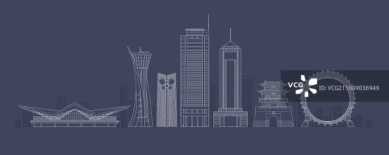 山东潍坊城市地标建筑插画线稿图片素材