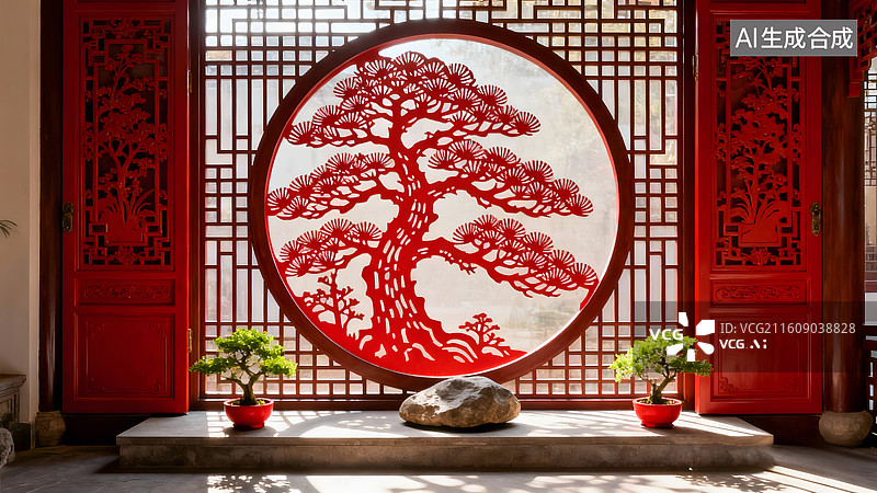【AI数字艺术】红色松树剪纸图案中式传统风格影壁墙背景壁纸图片素材