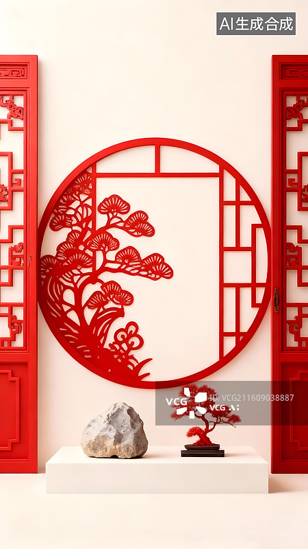 【AI数字艺术】红色松树剪纸图案中式传统风格影壁墙背景壁纸图片素材