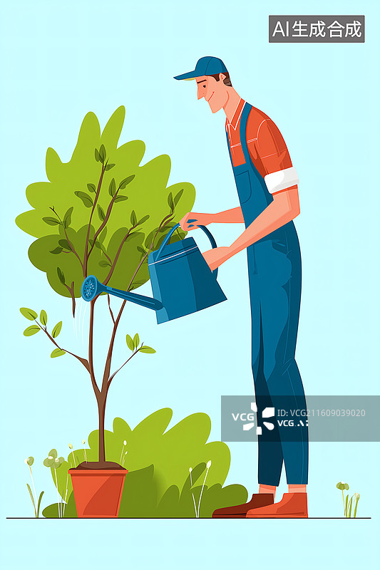 【AI数字艺术】园丁浇水照料小树图片素材