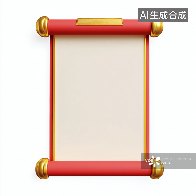 【AI数字艺术】红色卷轴，金色装饰，空白卷纸，中国风图片素材