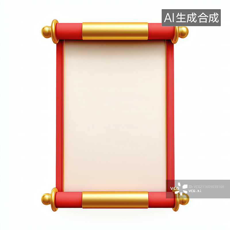 【AI数字艺术】红色卷轴，金色装饰，空白卷纸，中国风图片素材
