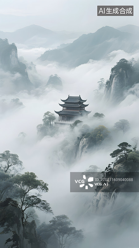 【AI数字艺术】中国风极简深林清晨云雾朦胧画图片素材