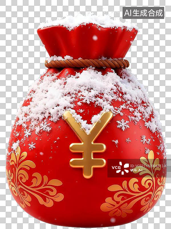 【AI数字艺术】雪花覆盖的3D红色福袋图片素材