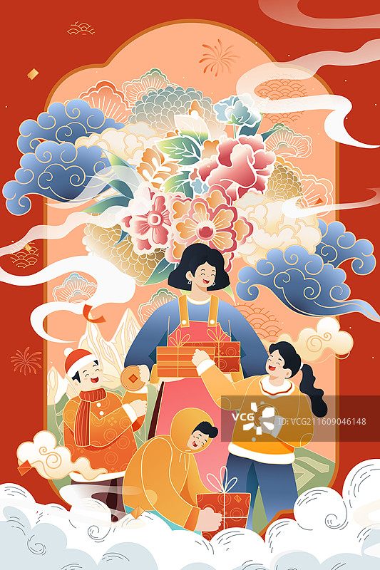 卡通冬季新年春节马年生肖元旦年夜饭美食除夕年货节财神爷红包消费电商家人木马古风中国风国潮渐变矢量插画图片素材