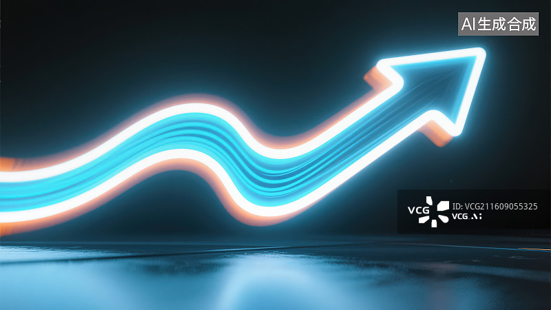 【AI数字艺术】黑色背景下的蓝白色霓虹灯发光向上箭头，金融科技向上上涨箭头图标股票股市金融经济增长概念插画背景图片素材