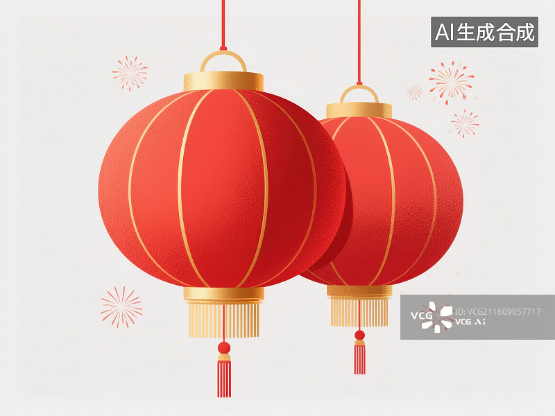 【AI数字艺术】白色背景下喜庆传统节日春节新年装饰中国风红色灯笼及周边绽放的烟花焰火图案图片素材
