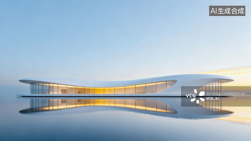 【AI数字艺术】3D渲染现代极简流线型水畔光影玻璃幕墙未来感美学建筑图片素材