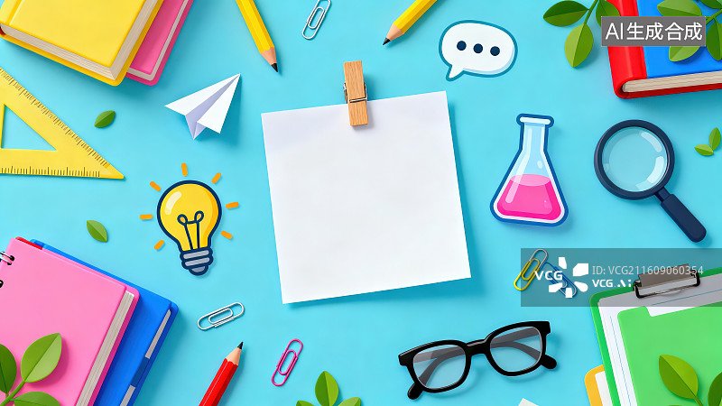 【AI数字艺术】蓝色背景下桌面中间放置的空白便签周边有办公学习文具平铺构图，卡通创意学习主题简约笔记场景插画背景图片素材