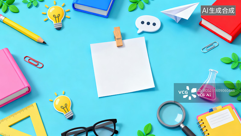 【AI数字艺术】蓝色背景下桌面中间放置的空白便签周边有办公学习文具平铺构图，卡通创意学习主题简约笔记场景插画背景图片素材