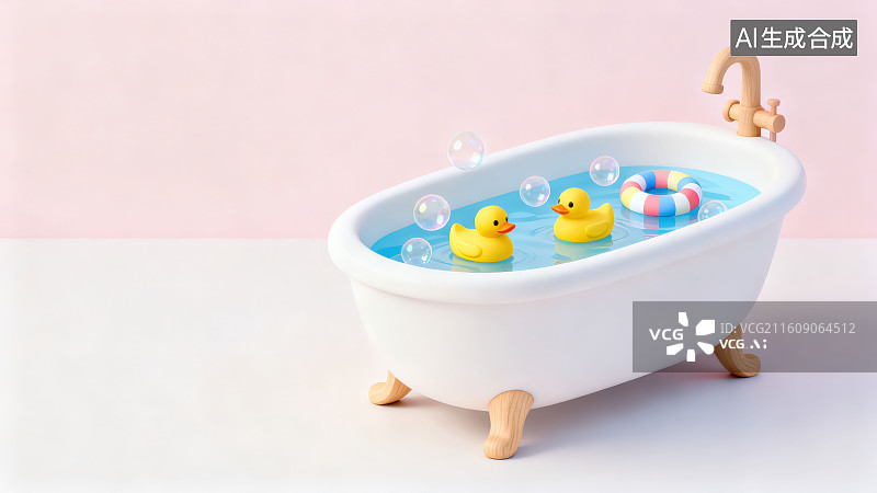 【AI数字艺术】纯色背景下放置的浴缸当中装满水水面有黄色橡皮鸭子和游泳圈图片素材