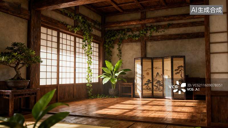 【AI数字艺术】《日式风格的茶室木质结构格子窗山水屏风场景》图片素材