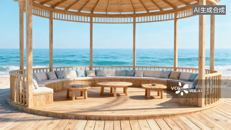 【AI数字艺术】《度假风格的海边沙滩草棚木质凉亭休闲空间场景》图片素材
