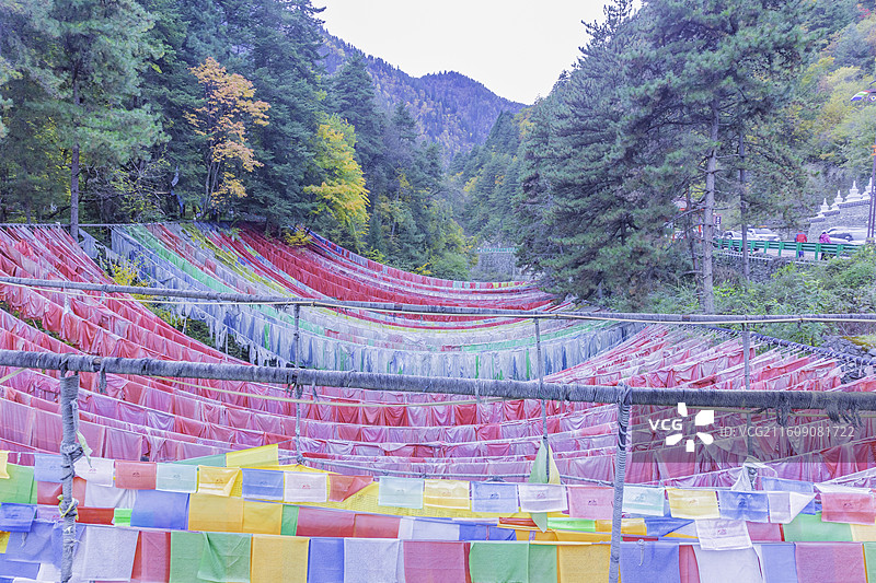 四川省阿坝藏族羌族自治州，黑水县羊茸哈德，羊茸村，彩林，蓝天，经幡，唐卡，三和塔图片素材