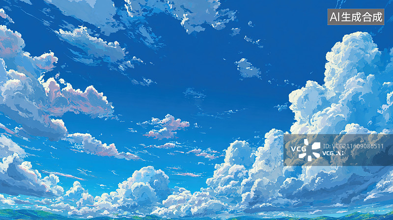 【AI数字艺术】动漫风格的蓝天蓬松白云场景插画图片素材