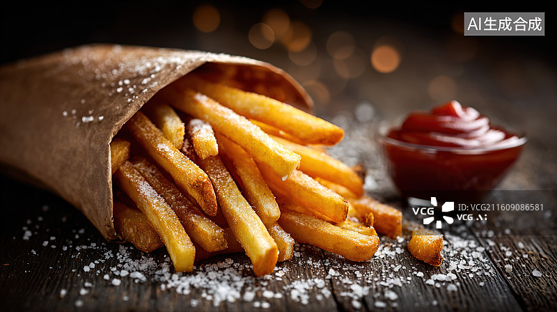 【AI数字艺术】深色背景下的薯条与番茄酱美食摄影图片素材