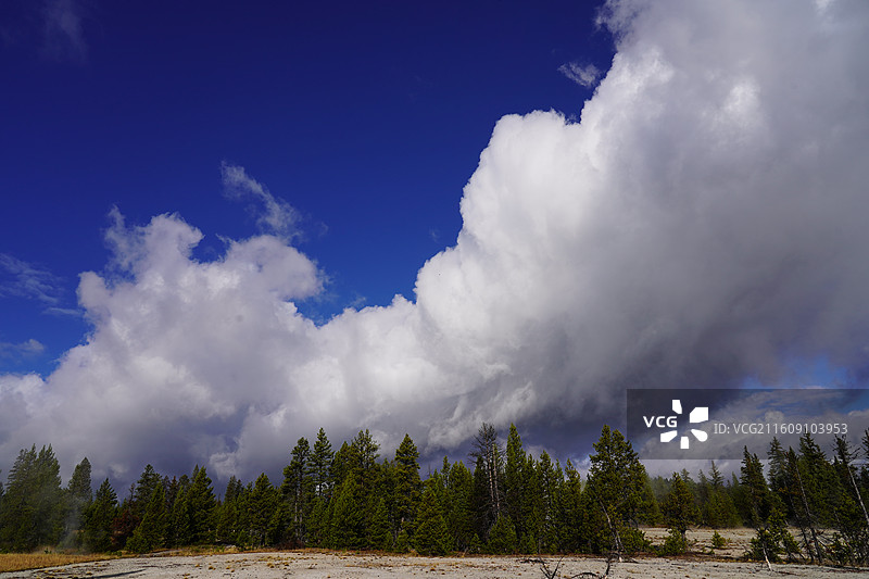美国黄石公园的秋日美景 加拿大鹅成群结队飞过彩叶林和湖泊 雪山在远方 涌出滚烫泉水的五彩池和日光狂热图片素材
