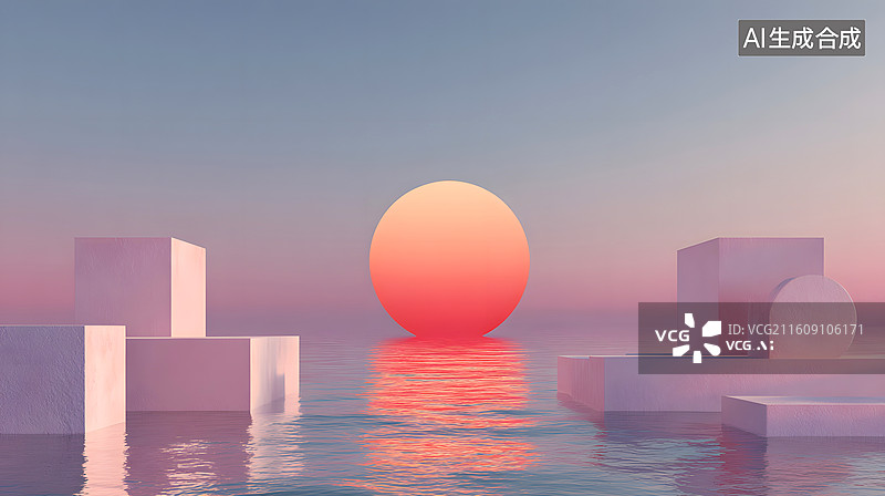 【AI数字艺术】落日下的几何水景时尚概念背景图片素材