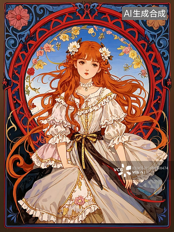 【AI数字艺术】红发少女的艺术风格肖像图片素材