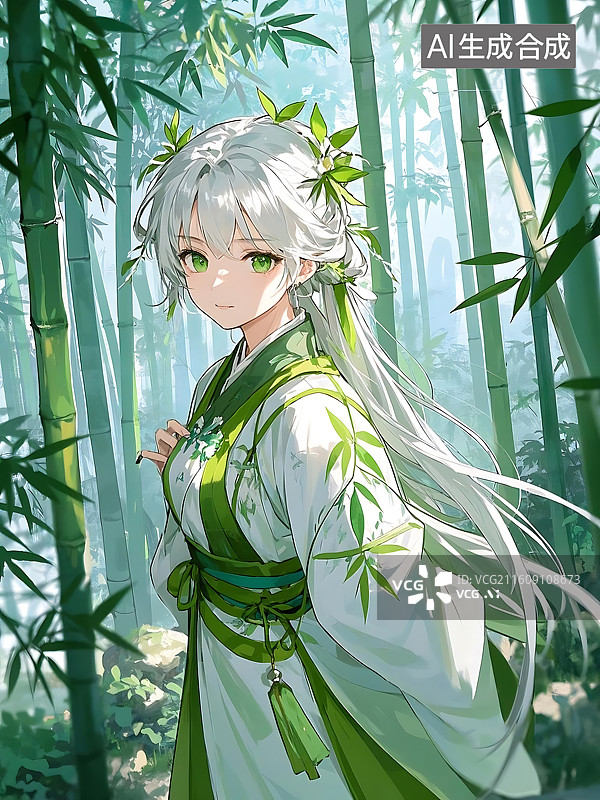 【AI数字艺术】竹林仙子：绿意盎然的动漫少女图片素材
