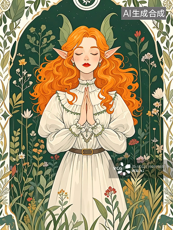 【AI数字艺术】祈祷的红发精灵少女，置身于繁花盛开的仙境中图片素材