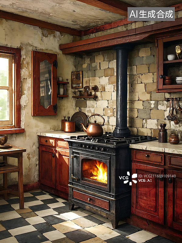 【AI数字艺术】温馨古朴的乡村厨房，火光摇曳的壁炉图片素材